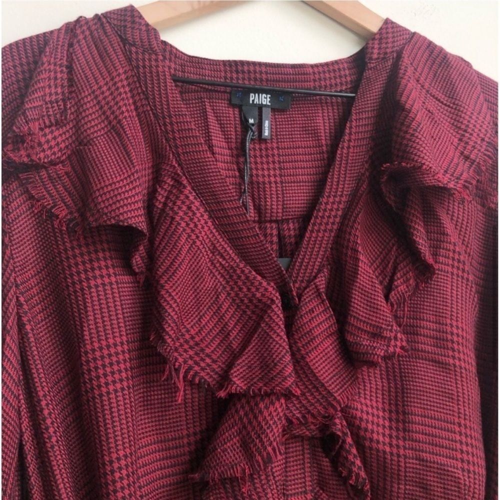 New PAIGE Isabelle Dress Rumba Red houndstooth Check Raw Ruffle button down - Picture 2 of 8